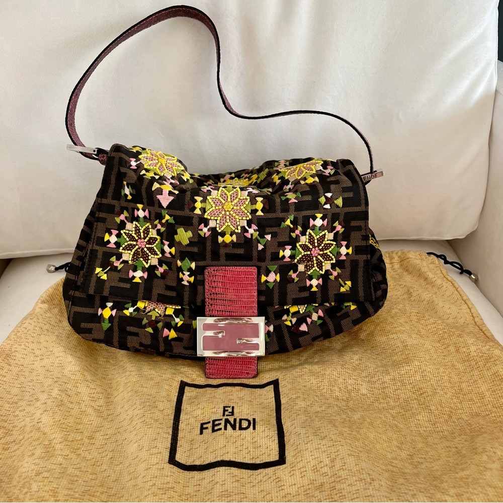Fendi Zucca Embroidered Flower Snakeskin Purse